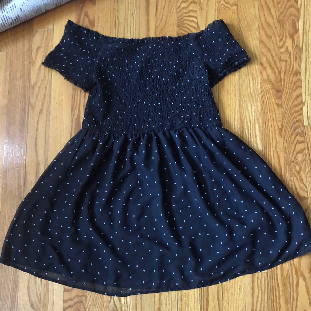 Black polka dot off the shoulder summer dress!